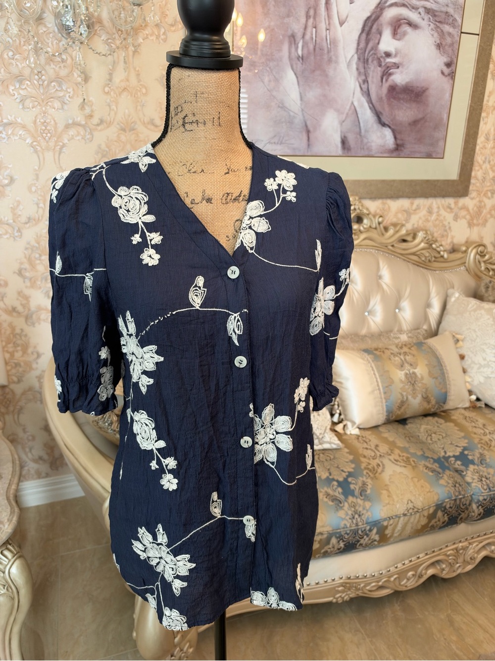Navy Floral Button-Front Blouse with Puff Sleeves